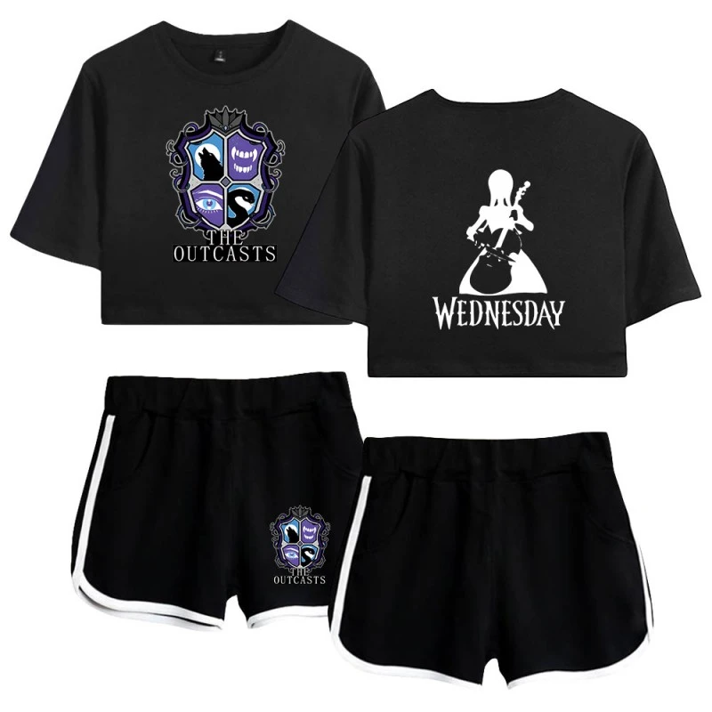 The Outcasts Crop Top Wednesday Addams Shorts T-shirt 1 The Outcasts Crop Top Wednesday Addams Shorts T-shirt
