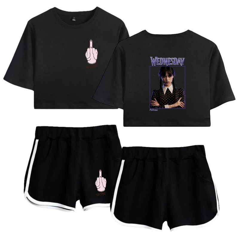 The Addams Family Crop Top T-shirt Wednesday Polyester Shorts 1 The Addams Family Crop Top T-shirt Wednesday Polyester Shorts