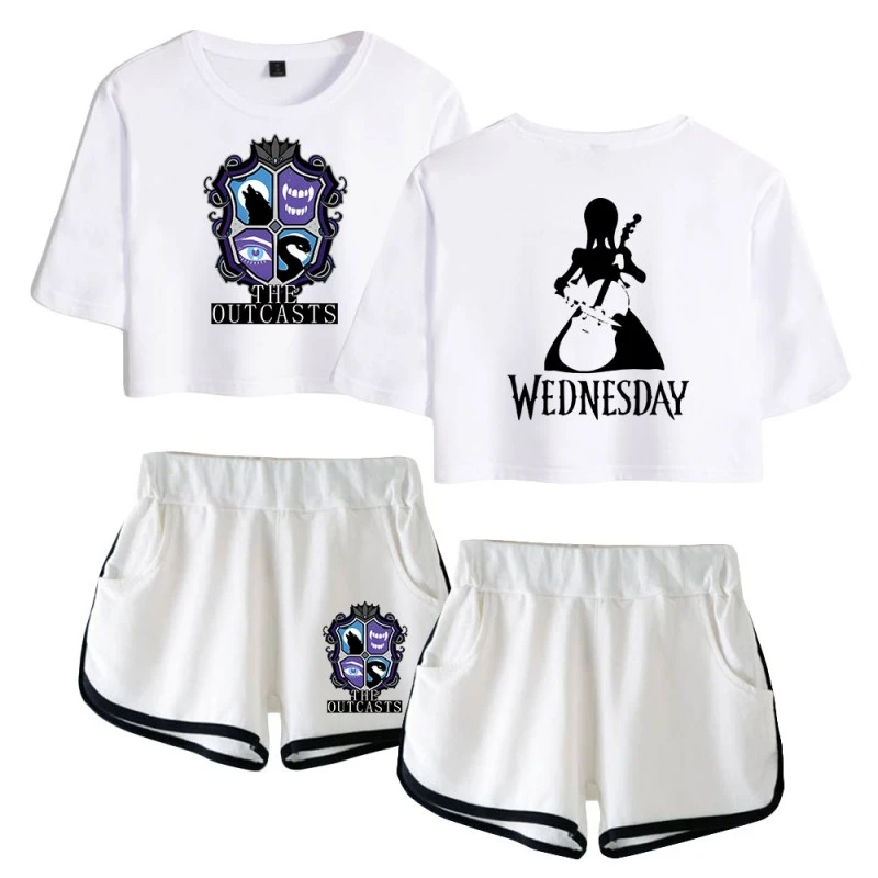 The Outcasts Crop Top Wednesday Addams Shorts T-shirt 3 The Outcasts Crop Top Wednesday Addams Shorts T-shirt - Image 3